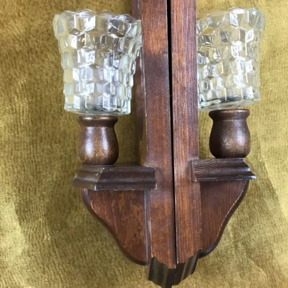 Vintage Home Candles Sconces Wall Mirrors Wood And Glass Pair